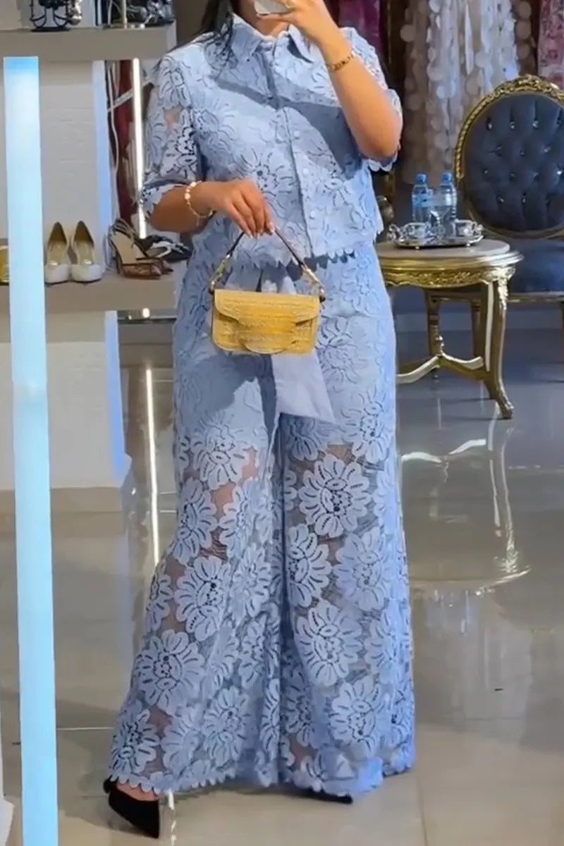 Women Collar Casual Lace Patterned Top or Wide Leg Pants