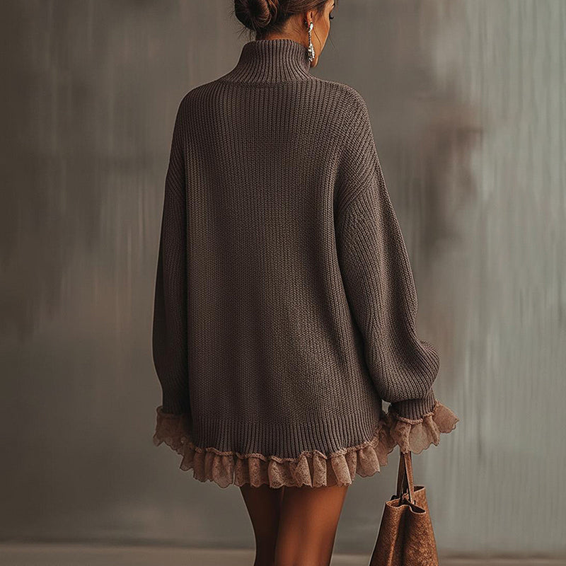 Winter Coquette Ribbed Knit Lace Ruffle Sweater Dress