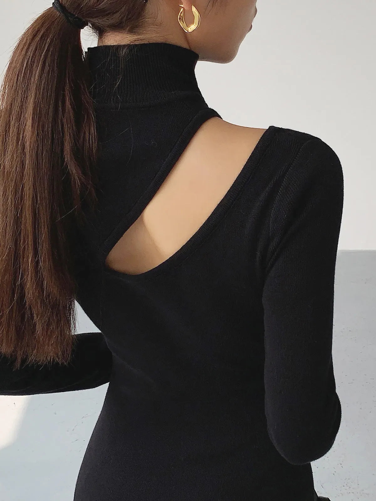 Asymmetrical Cutout Mockneck Knit Midi Dress