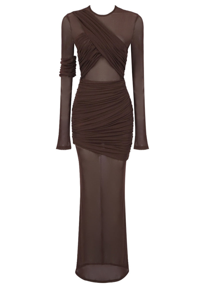 Long Sleeve Mesh Insert Draped Maxi Dress Brown