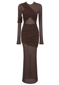 Long Sleeve Mesh Insert Draped Maxi Dress Brown