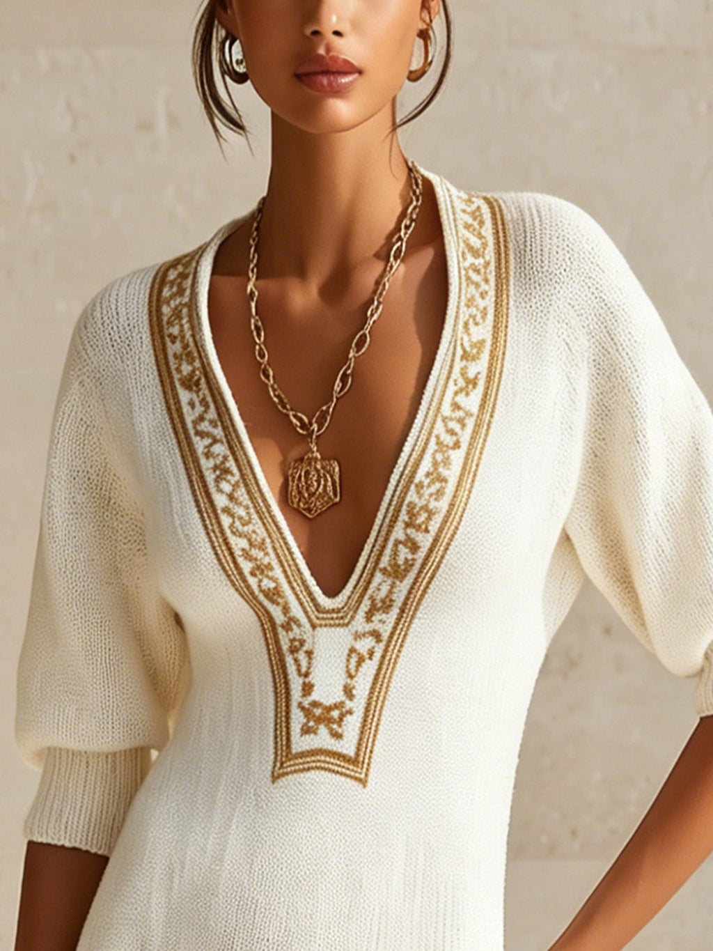 Ivory Knit Mini Dress With Gold Trim And Deep V-Neck