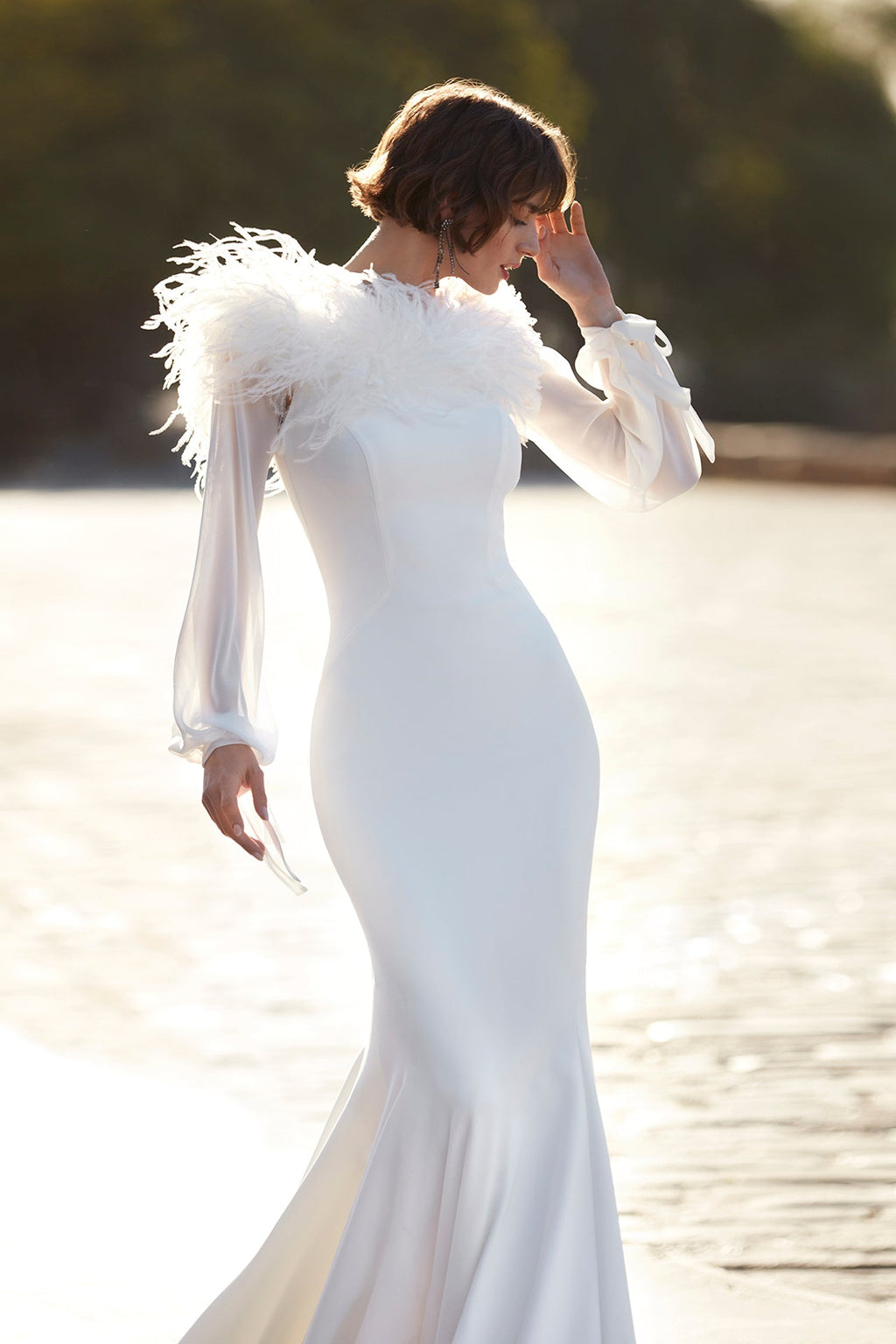 Long sleeves crepe wedding dress