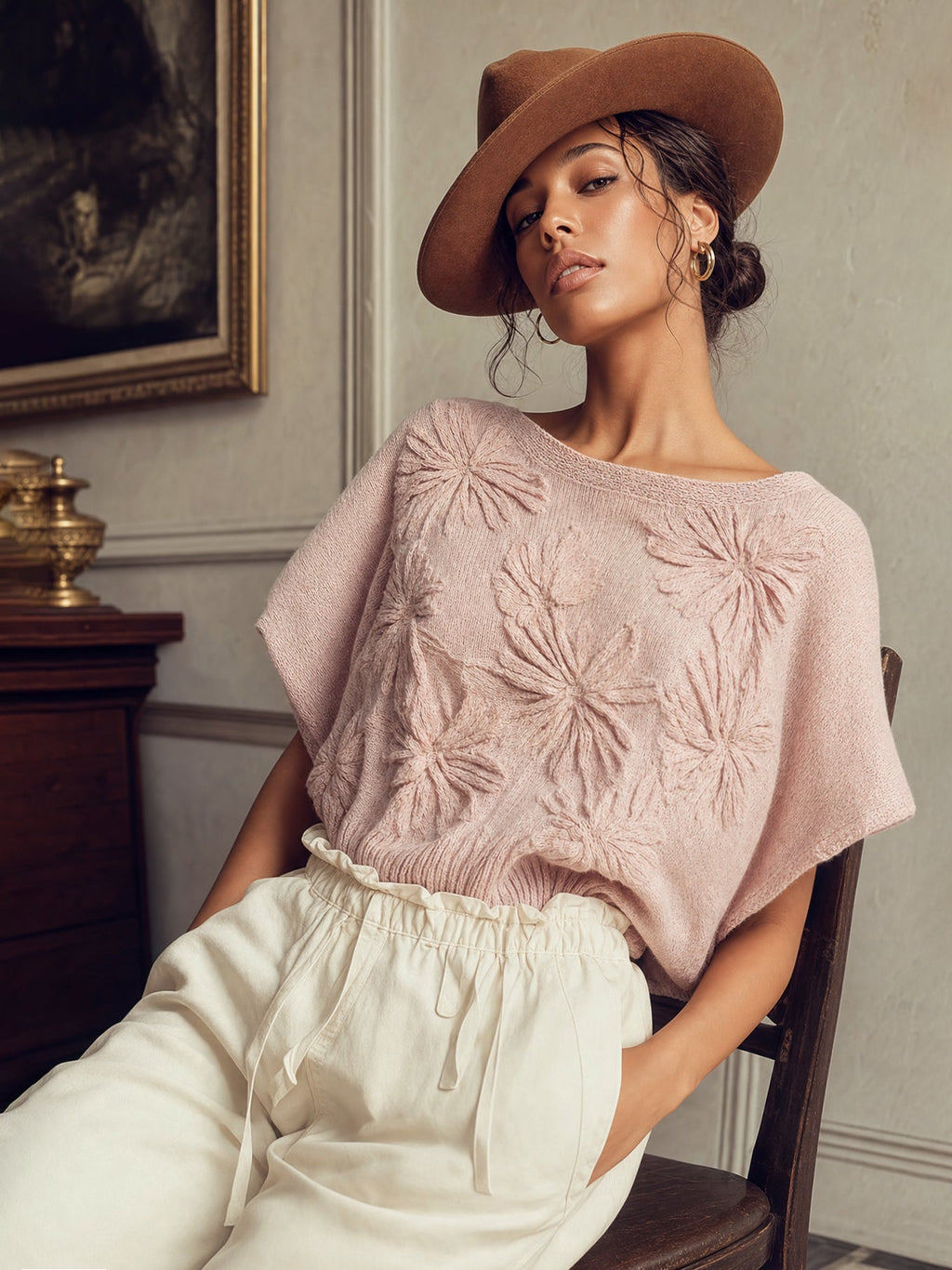 Pink Short Sleeve Floral Knit Sweater
