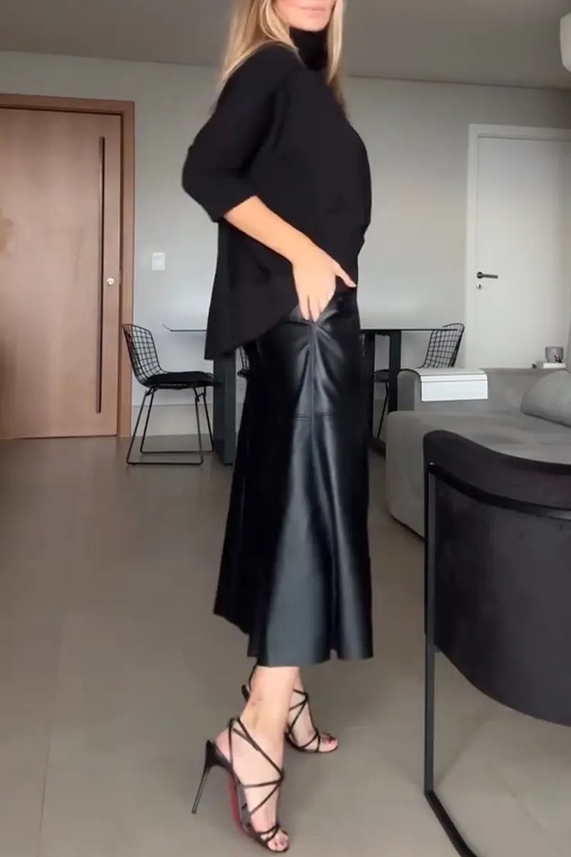 Women Temperament High Neck Top or Spliced Leather Skirt