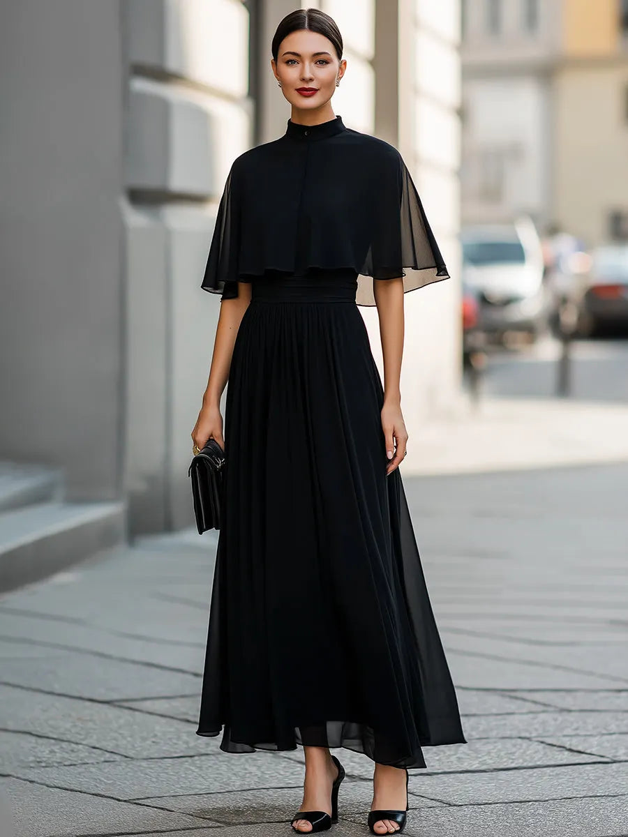 Sheer Cape Sleeve High-Neck Midi Dress