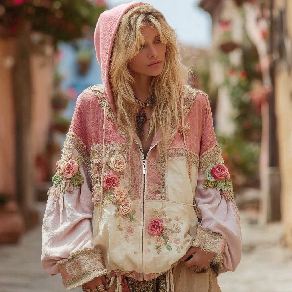 Women's Floral Embroidery Color Block Boho Casual Zip-up Hoodie