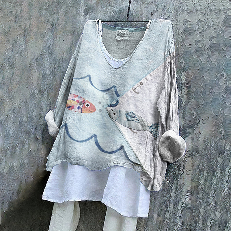Vintage Patchwork Fish Embroidery Art Linen Blend Blouse