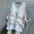 Vintage Patchwork Fish Embroidery Art Linen Blend Blouse