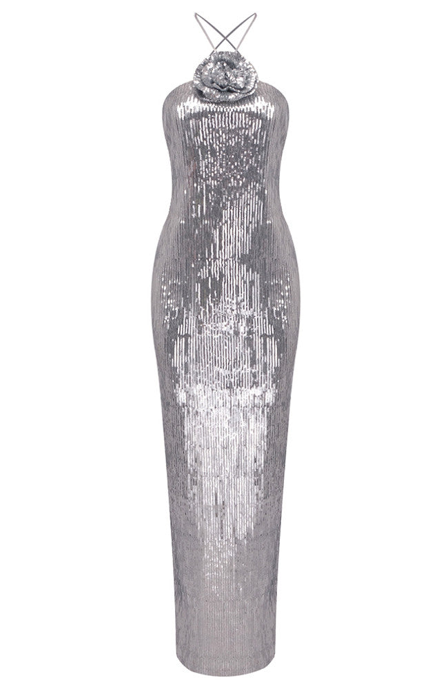 Halter Floral Sequin Maxi Dress Silver