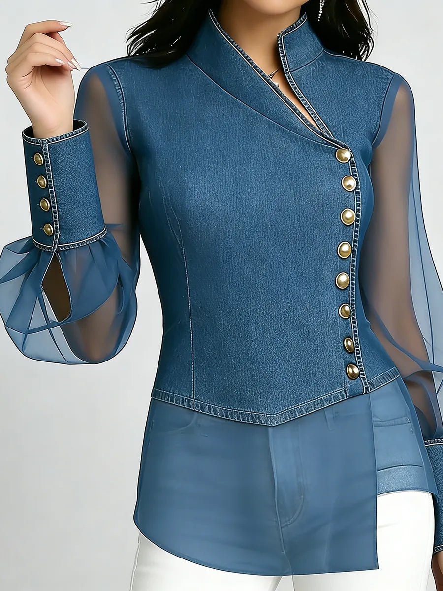 Elegant Stylish Organza-paneled Denim Shirt