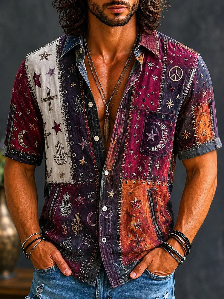 Men's Retro Hippie Moon Peace Contrast Art Patchwork Print Shirt