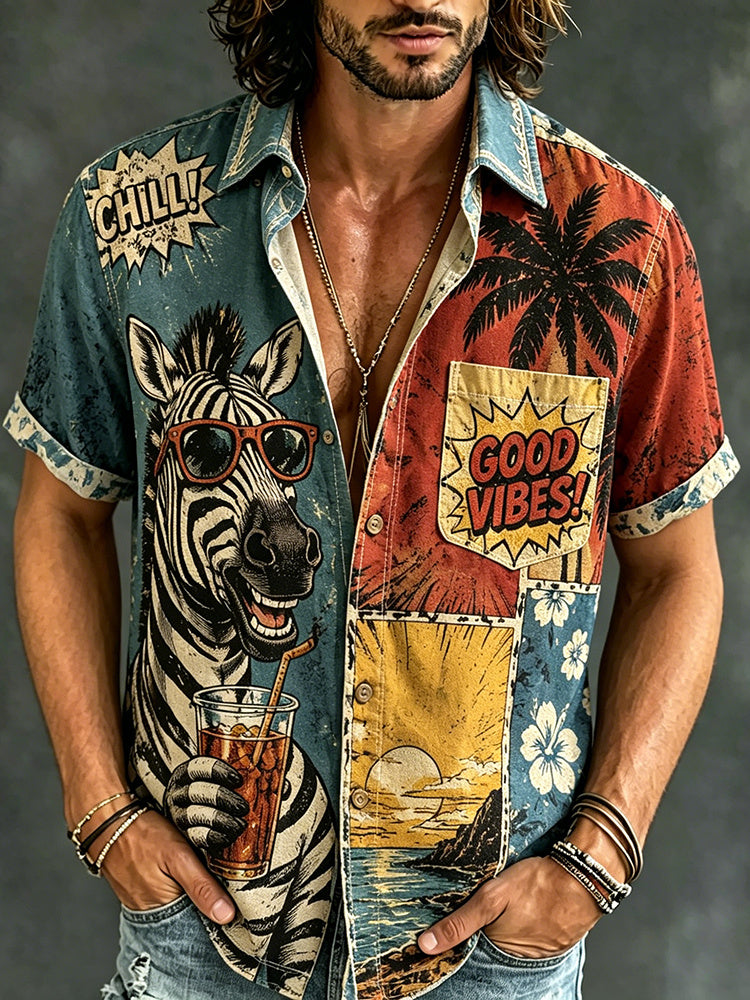 Men's Hippie Style Peace Zebra Holiday Patchwork Art Print Casual Shirt