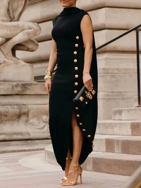 Women Round Neck Sleeveless Slit Elegant Temperament Dress