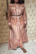 Women Round Neck Vertical Striped Shirt+ Patchwork Skirt Casual Set