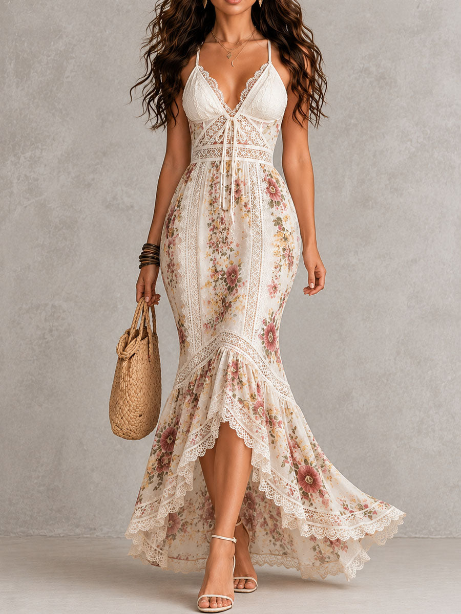 Boho Romantic Floral Print Lace Mermaid Maxi Dress