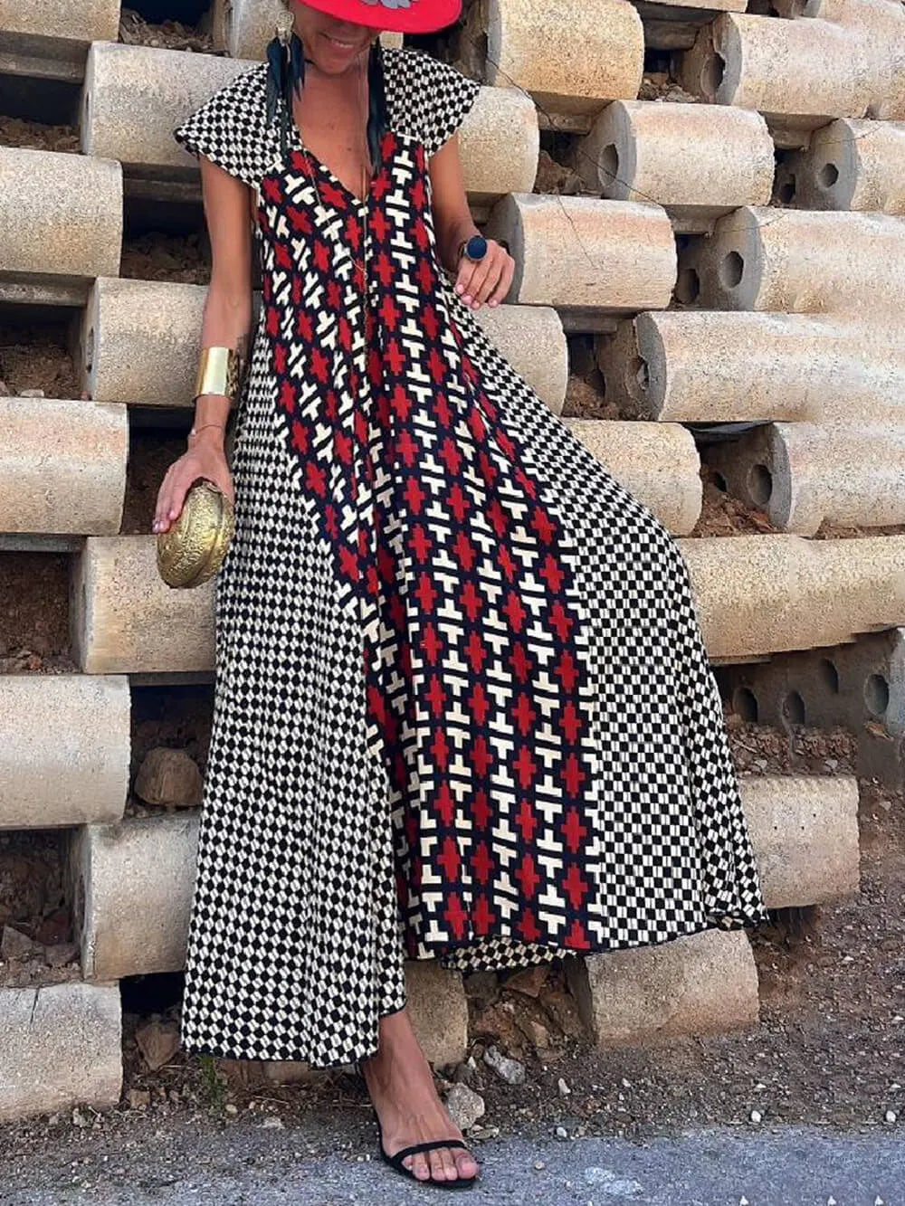 Ethnic Unique Print Ruffle Sleeve A-line Maxi Dress
