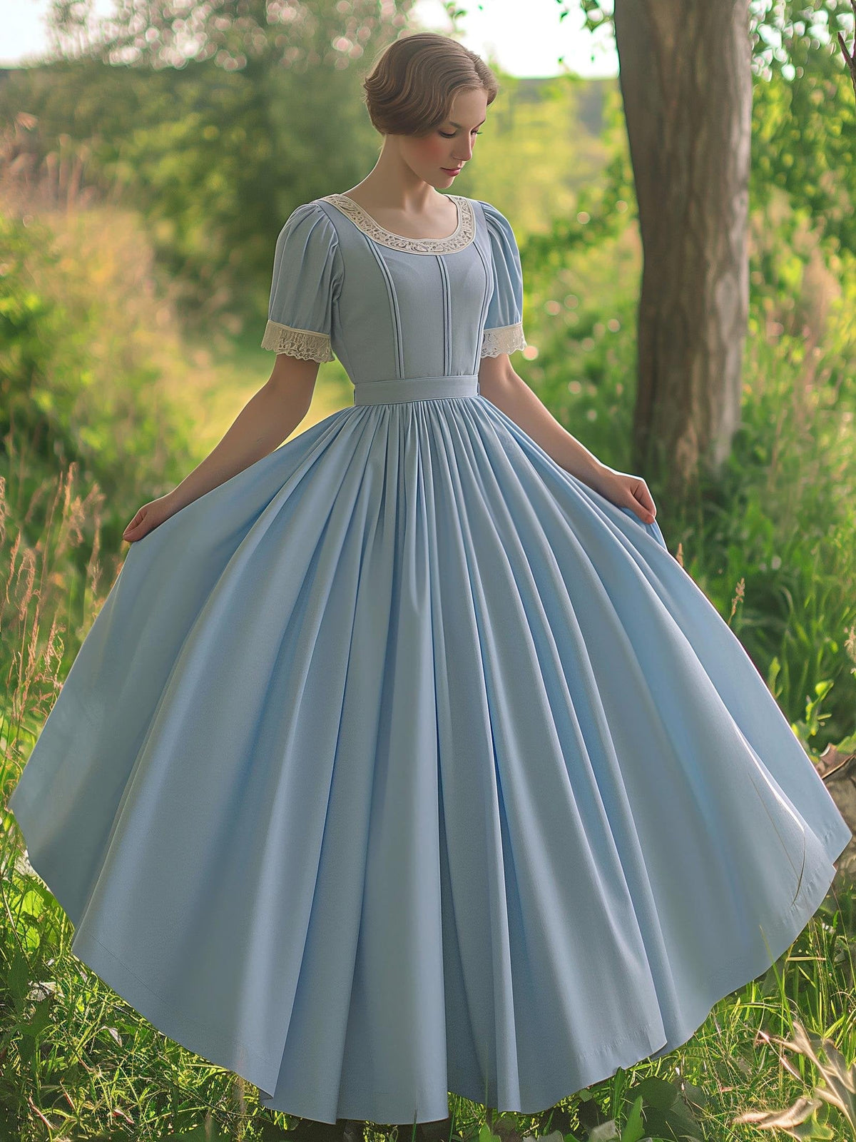 Cotton Maxi Dress, Vintage, Plain, Summer, Lace Collar, Short Sleeve, Blue