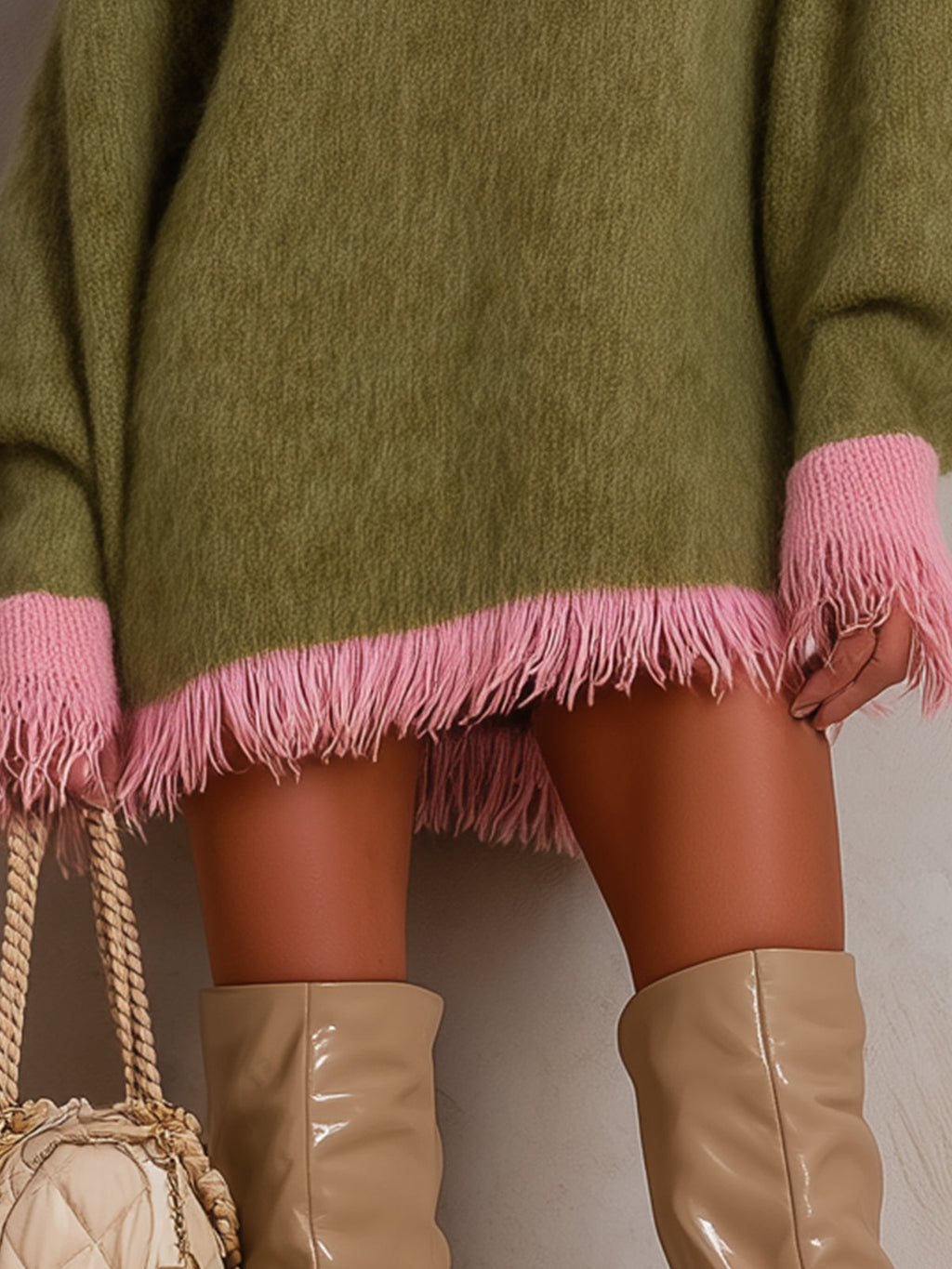 Olive Pink Fringe Trim Oversized Knit Mini Dress