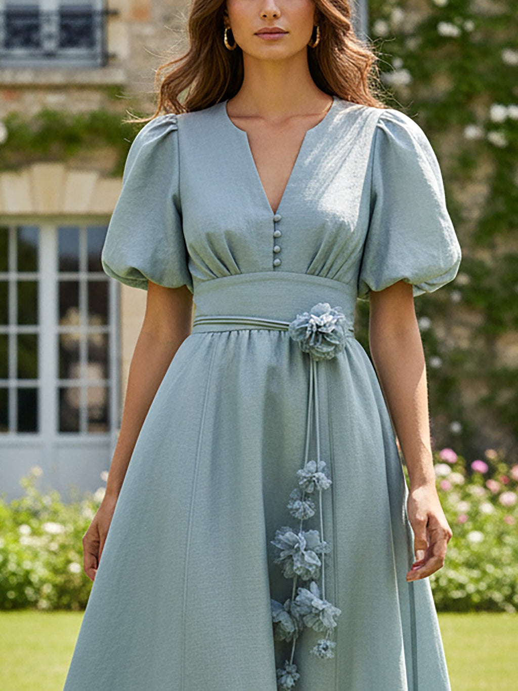 Maxi Linen Dress, Short Sleeves, V Neck, 3D Floral, Vintage, Blue