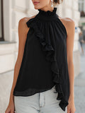Elegant Ruffle Trim High Neck Halter Chiffon Blouse
