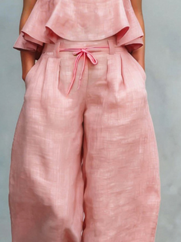 Casual Solid Relaxed Cropped Lace-up Wide Leg Pants