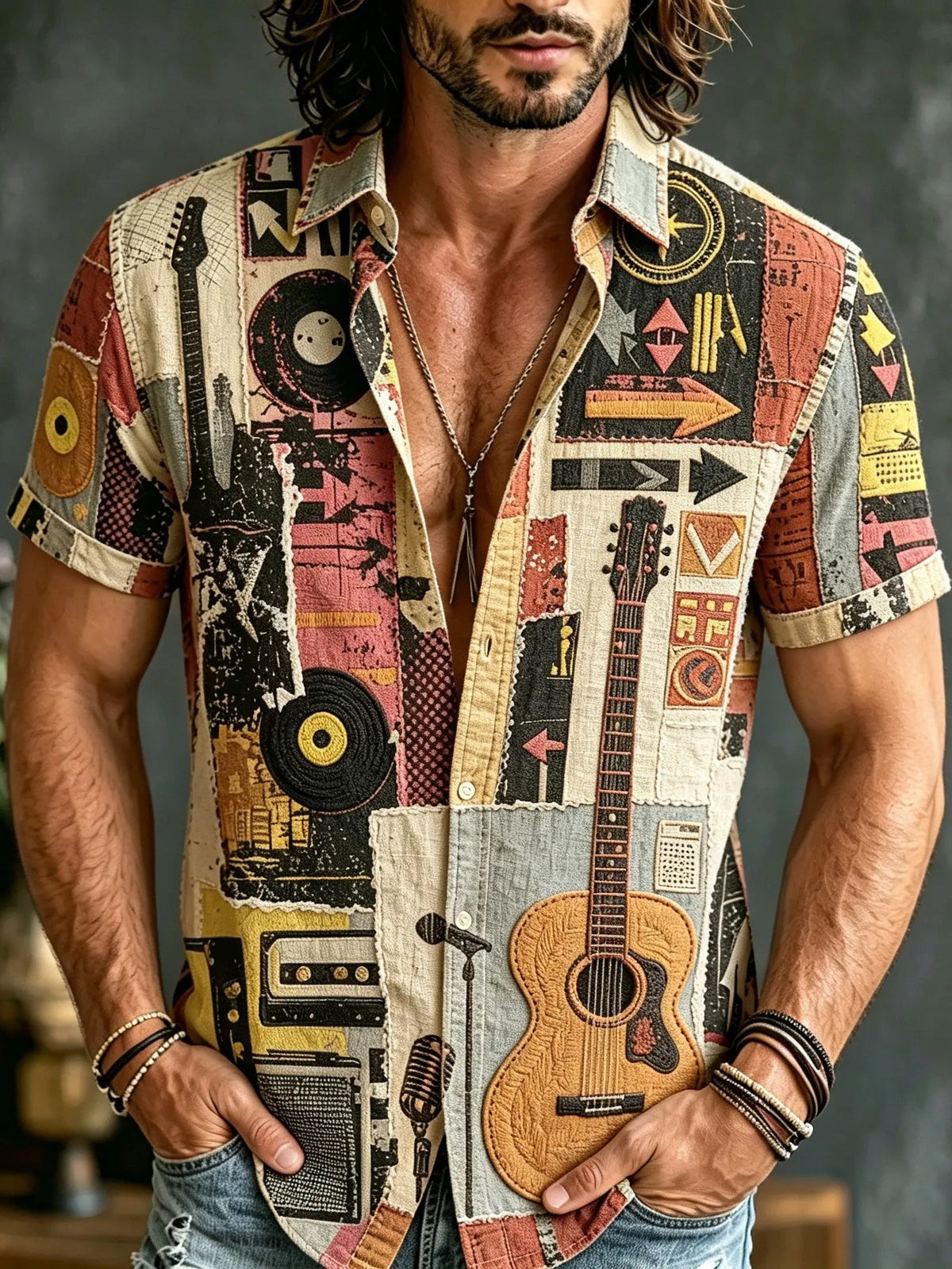 Men's Retro Hippie Style Music And Guitar Embroidered Print Short-sleeve Shirt