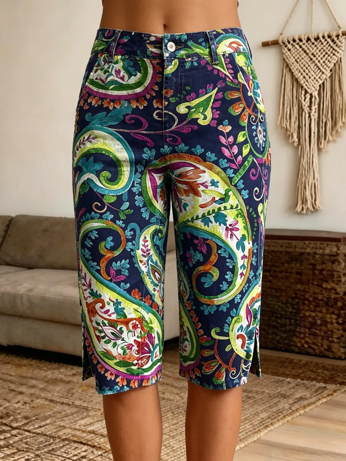 Women's Paisley Ethnic Print Denim Bermuda Shorts