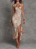 Vintage Elegant Floral Satin Halter Neck Midi Dress