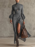Gray Knitted Lace Hem Puff Sleeve Maxi Dress