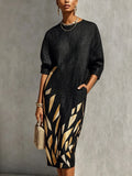 Black Oversized Textured Print Midi Dress
