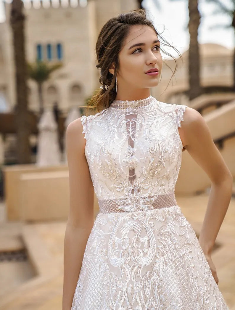 Wedding Dress, White Bridal Dress, Deep V Neck Tulle Wedding Gown, Boho Beach Wedding Dress, Illusion Lace Ruffle Sleeves Formal Gown