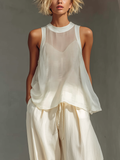 Women’s Cream Sheer Sleeveless High Neck Oversized Flowy Cami Top MDZ3000C3T