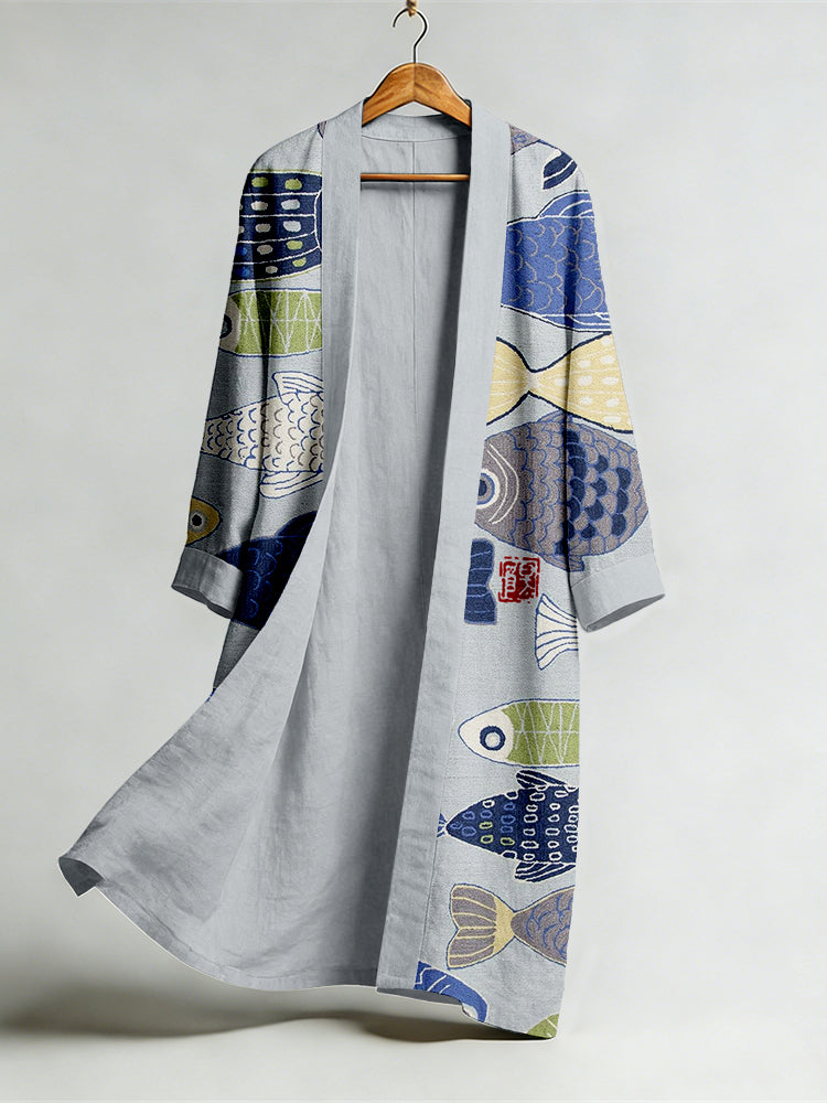 Vintage Fish Japanese Art Flowy Linen Long Kimono