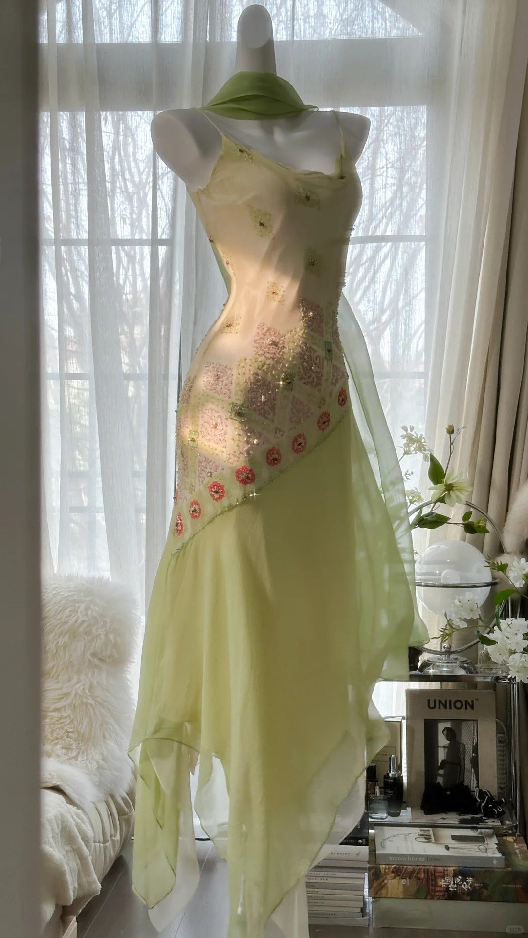 Green Elegant Romantic Delicate Floral Beading Spaetti Strap Long Chiffon Homecoming Ball Gown Evening Dress Birthday/Wedding Guest/Holiday Party Dress Prom Dress 4024