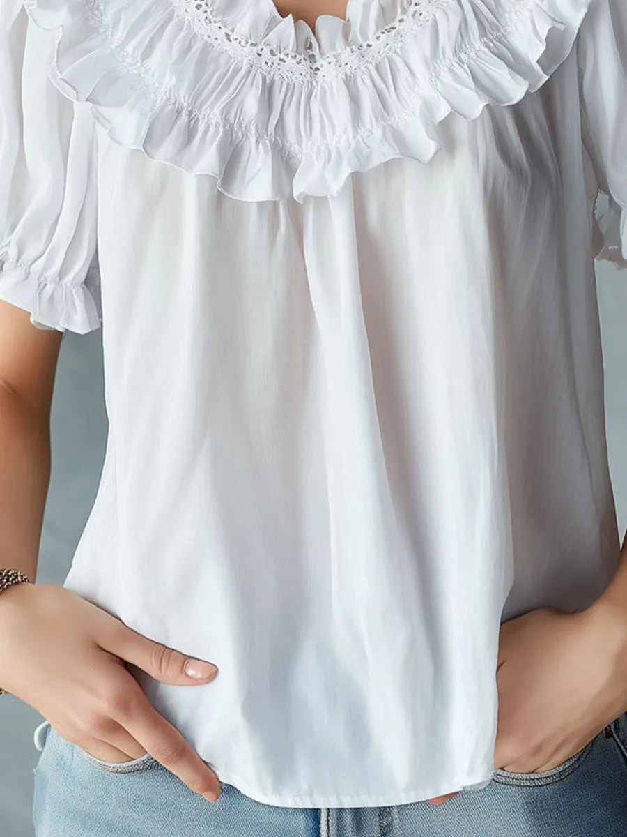 Boho White Ruffled Lace Trim Puff Sleeve Blouse