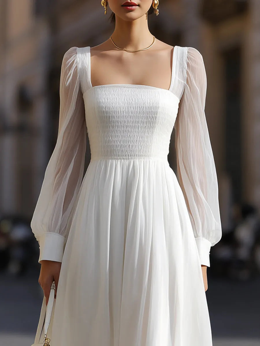Square Neck Smocked Bodice Sheer Sleeve Midi Dress