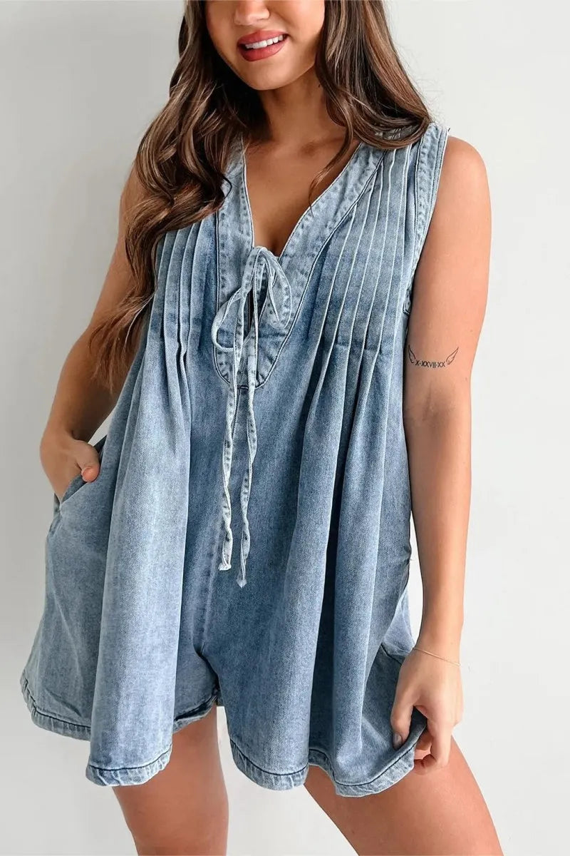Womens Casual Sleeveless Tie Front Denim Romper Overall Shorts Summer Jean Romper With Pocket