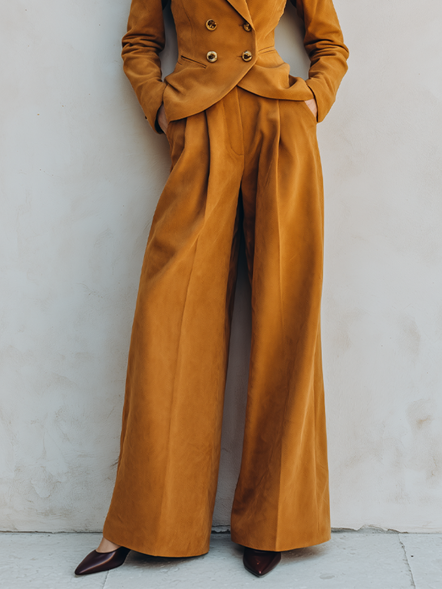 Women's Mustard Faux Suede Texture Two Piece Suit Set With Double Breasted Puff Shoulder Blazer & High Waist Pleated Wide Leg Trousers, Vintage Elegant Formal Co-Ord Outfit MDZ2446G2LYL