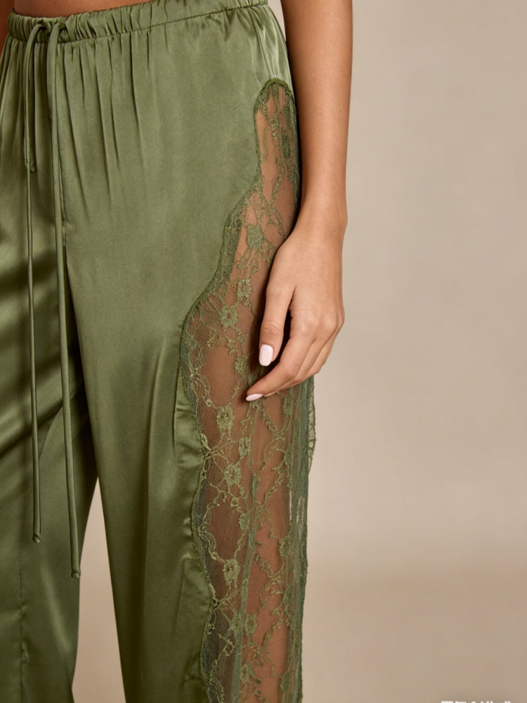 Deep Olive Satin Lace-Trim Drawstring Pants