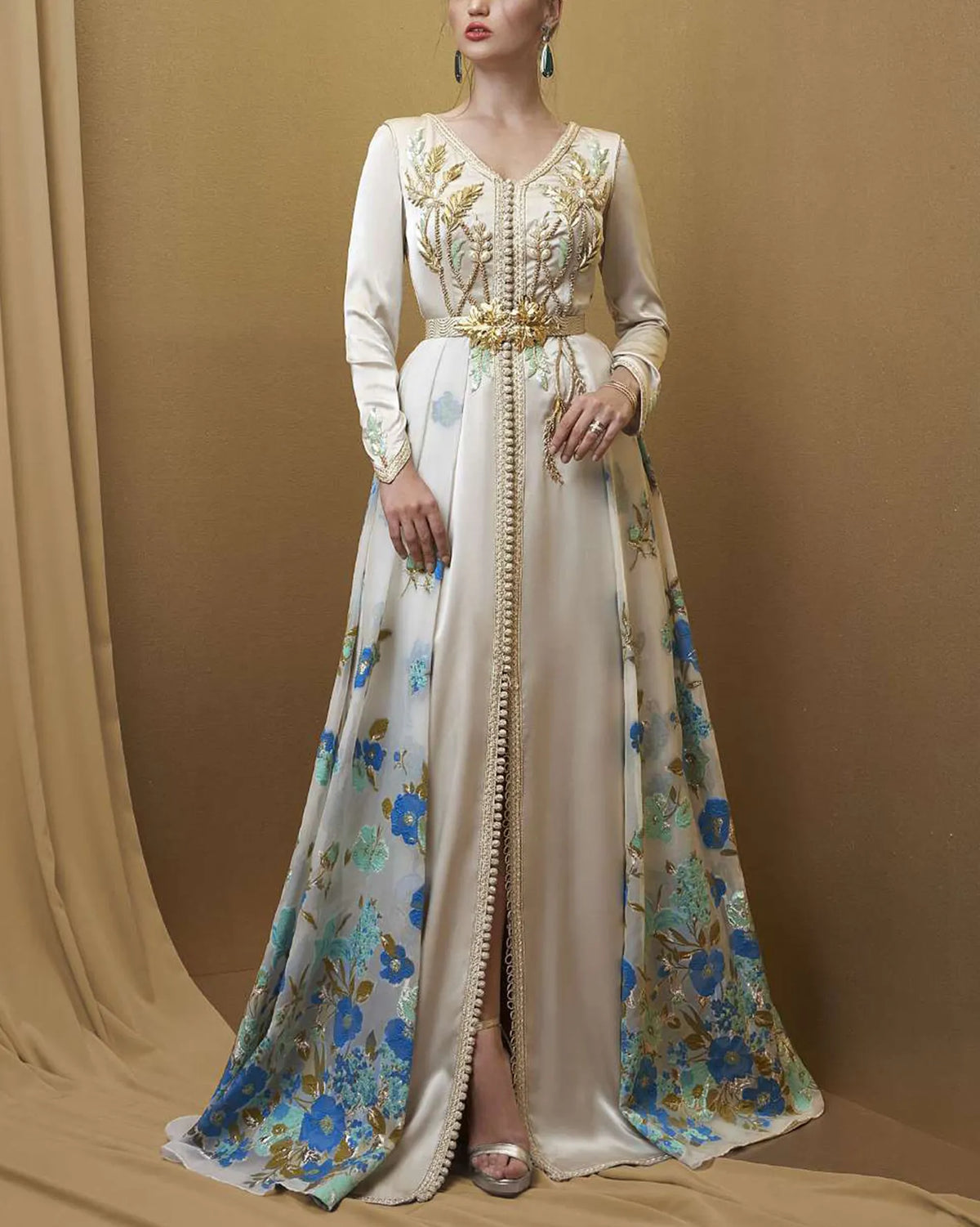 V-Neck Embroidered Bohemian Kaftan Maxi Dress