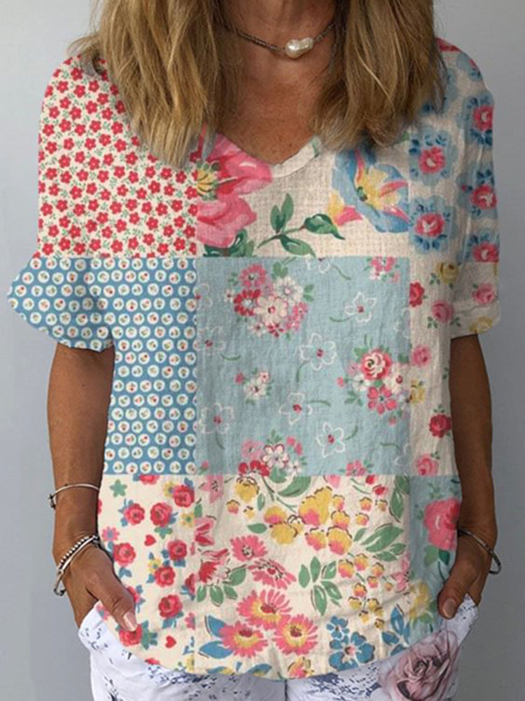 Women's Floral Loose Short Sleeve Linen Tops
