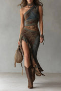 Ethnic-Style Printed One-Shoulder Maxi Dress with High Slit
