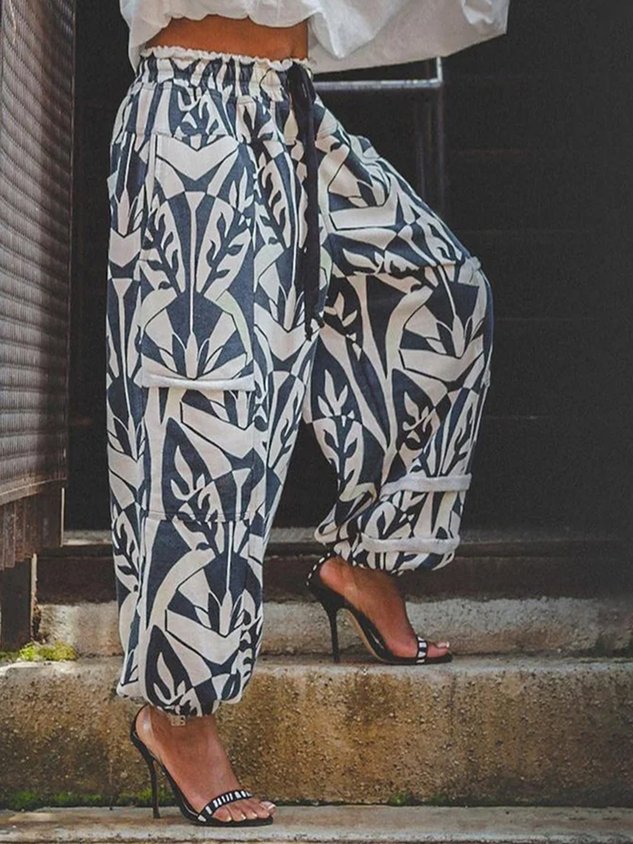 High Waist Casual Geometric Regular Fit Pants