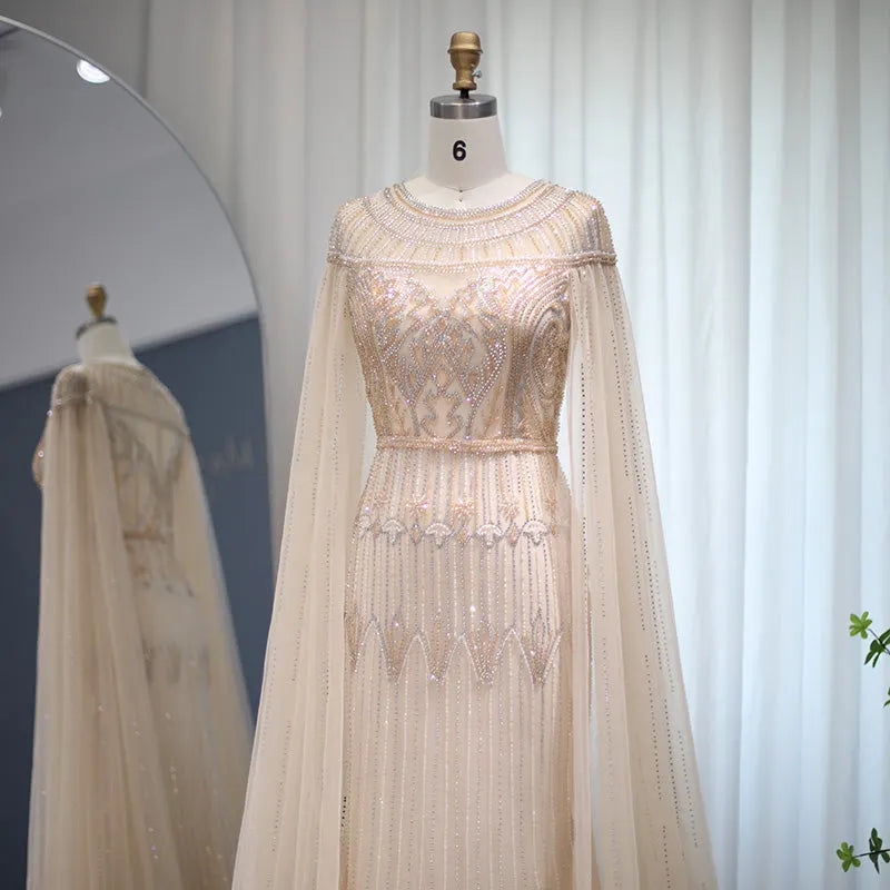 Dreamy Vow Luxury Gold Mermaid Dubai Evening Dress with Cape Sleeve Arabic Plus Size Formal Party Gowns for Women Wedding 103