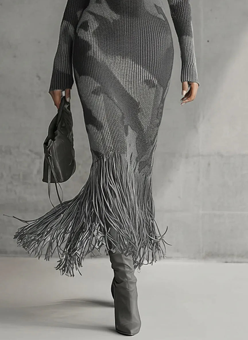 Yohers Olive Camo Knit V-Neck Fringe Hem Bodycon Dress