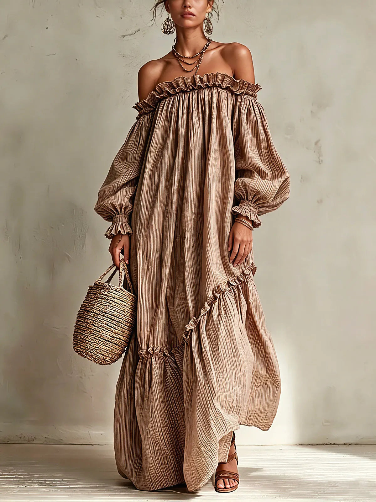 Dusty Pink Striped Off-Shoulder Maxi Dress