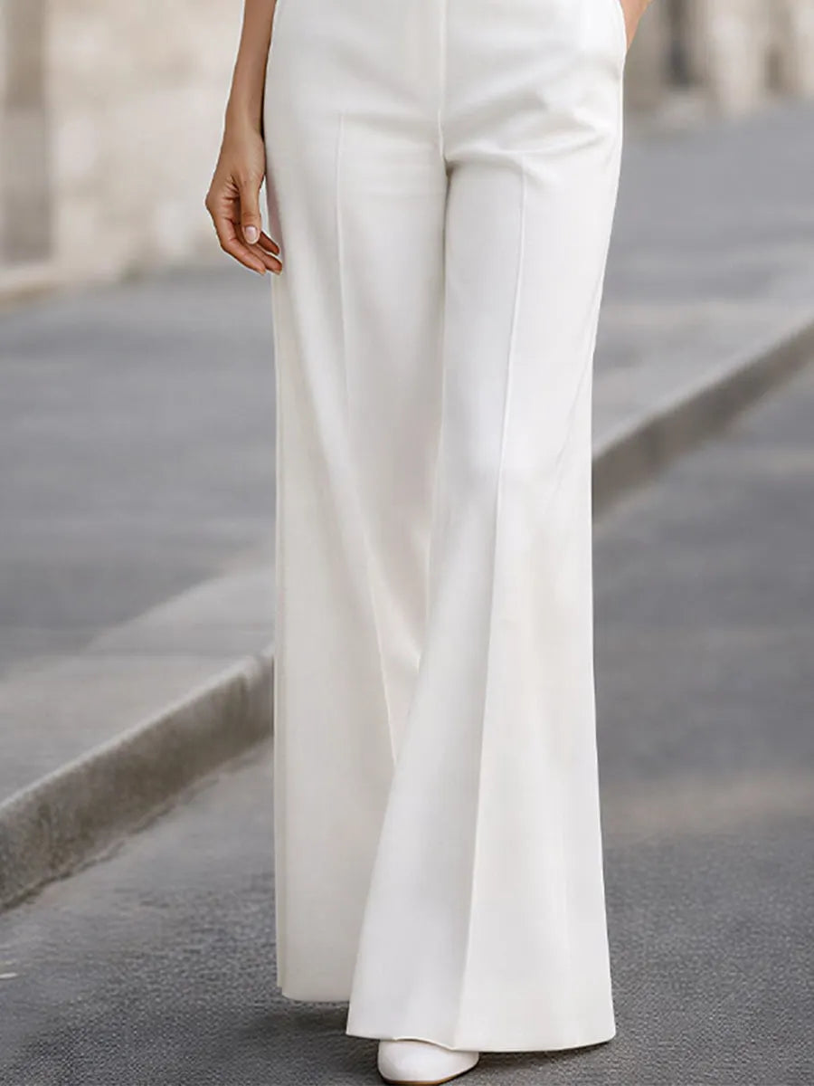 Boat Neck Split-Sleeve Blouse & High-Waisted Wide-Leg Pants