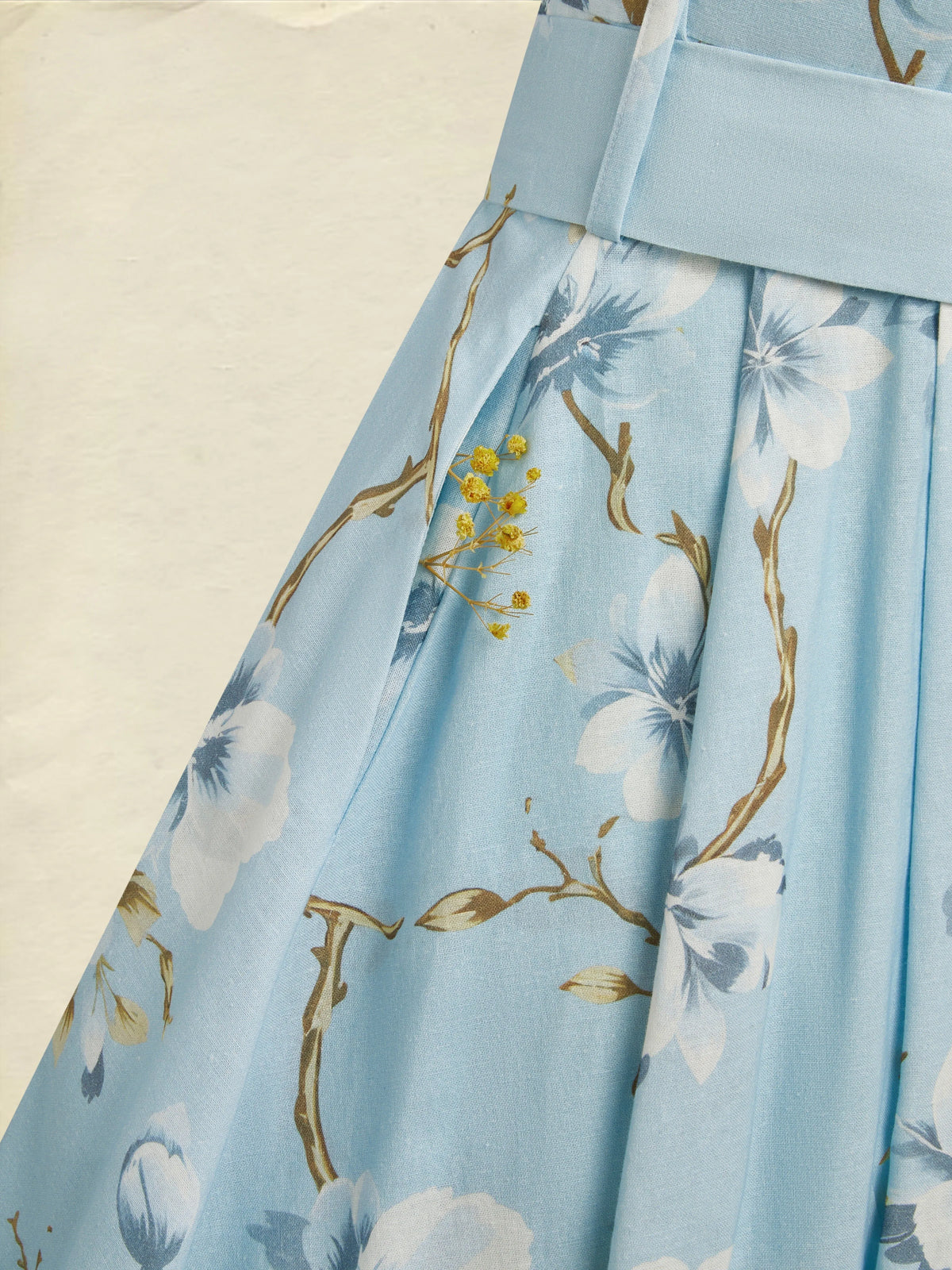 Maxi Linen Dress, Sleeveless, One Shoulder, Floral, Belt Design, Vacation, Vintage, Blue