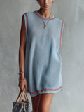 Light Blue Sleeveless Knit Mini Dress With Red Trim